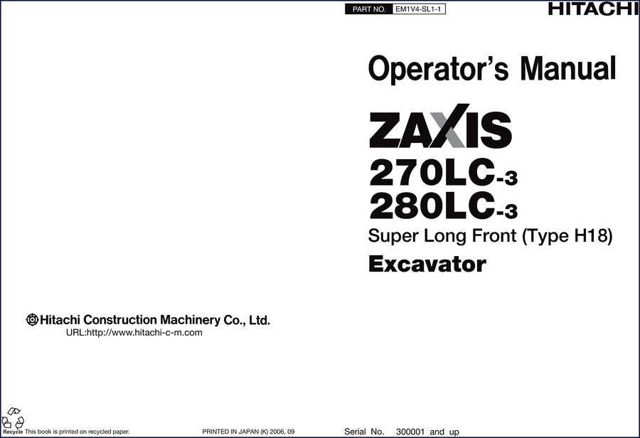 Fiat-Hitachi 270LC-3 280LC-3 2006 Operators Manual cover showing Zaxis excavator