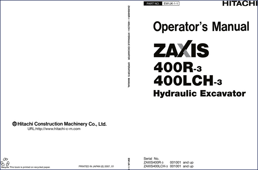 ZAXIS400R-3 400LCH-3 Operator's Manual cover 2007 331 pages OEM