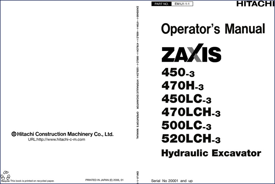 Fiat-hitachi 450-3 2006 Operators Manual cover showing Zaxis hydraulic excavator