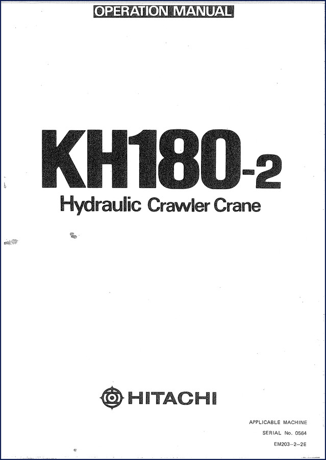 Fiat Hitachi KH180-2 Operators Manual cover showing hydraulic crawler crane specifications