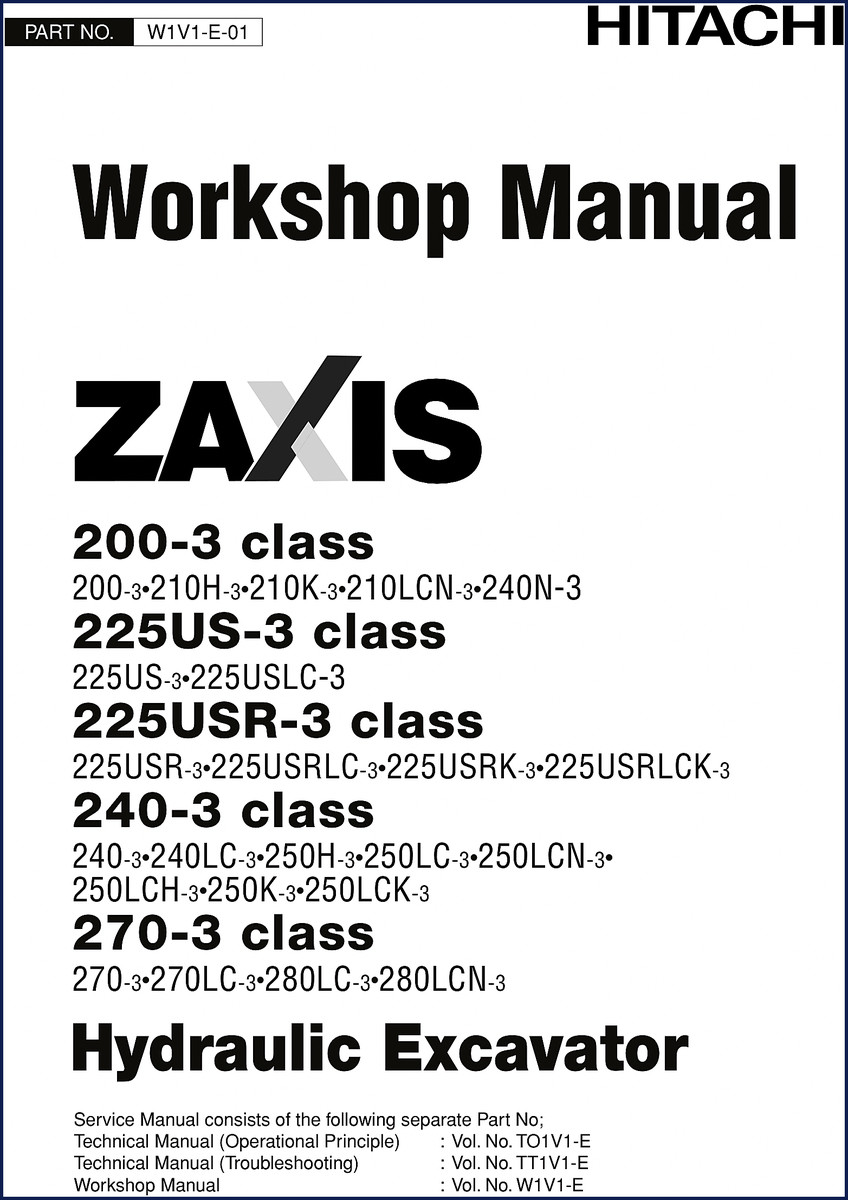Hitachi Sumitomo 200-3, 210H-3, 210K-3, 210LCN-3, 240N-3 workshop manual cover showing excavator model and document type
