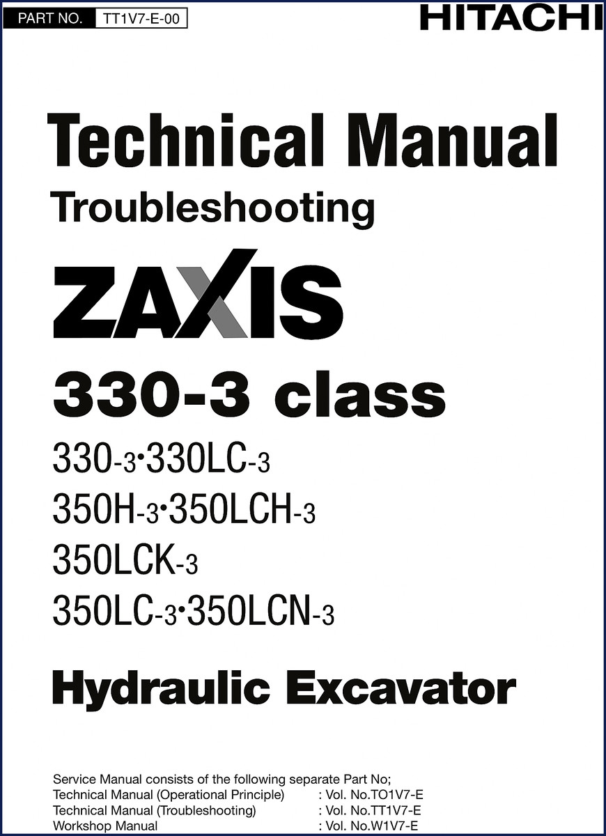 Hitachi Sumitomo 330-3, 330LC-3, 350H-3, 350LCH-3, 350LCK-3 Troubleshooting Manual cover showing excavator and model numbers