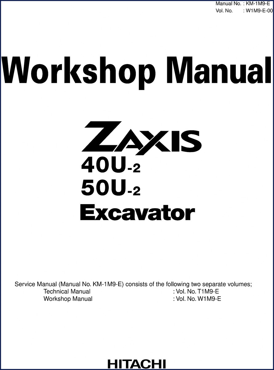 Hitachi Sumitomo 40U-2 and 50U-2 Workshop Manual cover page with excavator illustration