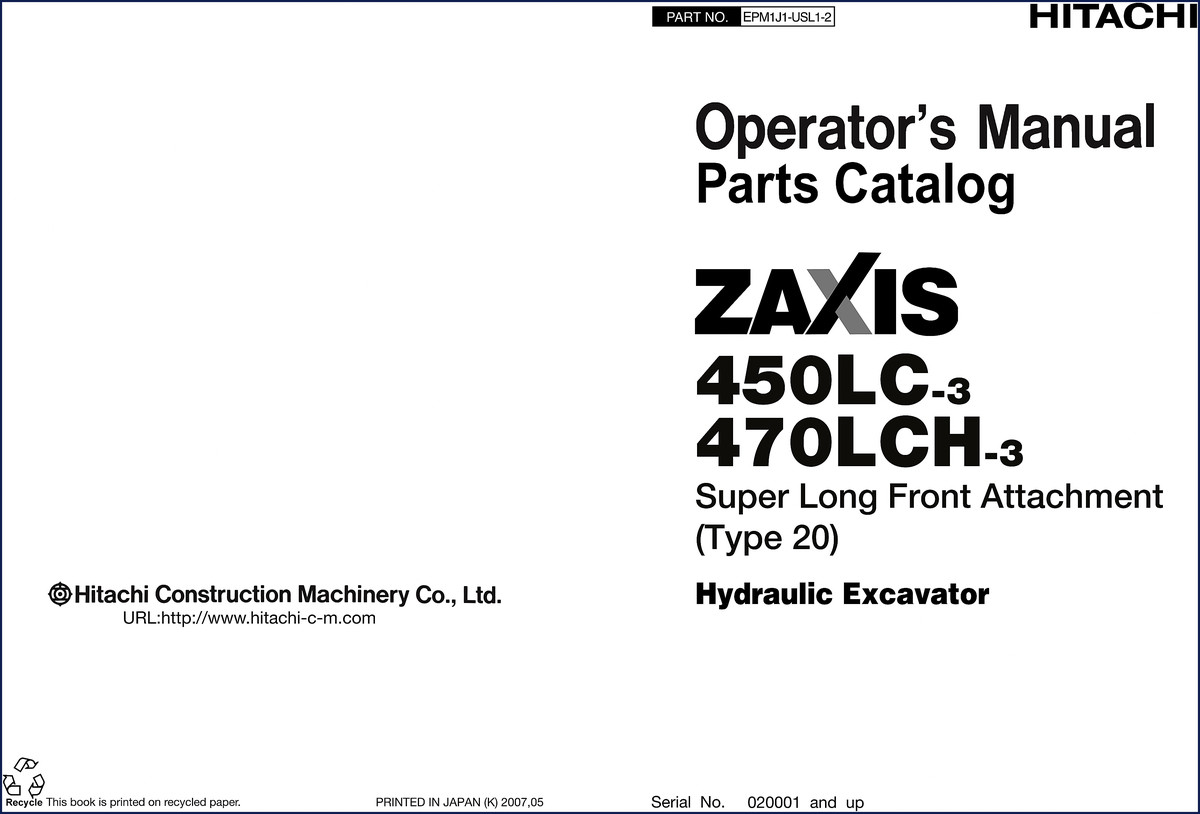 Hitachi Sumitomo 450LC-3 470LCH-3 2007 Parts Catalog cover showing excavator with super long front attachment