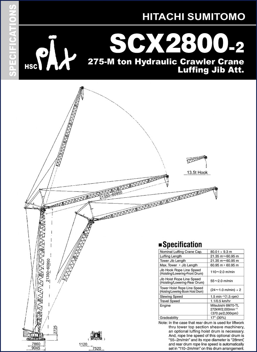 Hitachi Sumitomo SCX2800-2 Technical Manual cover showing crawler crane specifications and boom diagrams