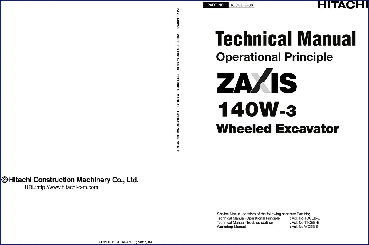 Hitachi Sumitomo ZAXIS 140W-3 2007 Technical Manual cover showing wheeled excavator