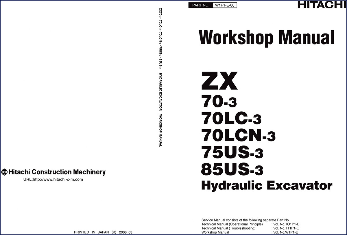 Hitachi Sumitomo ZX70-3 2008 Workshop Manual cover showing excavator diagram and part number W1P1-E-00