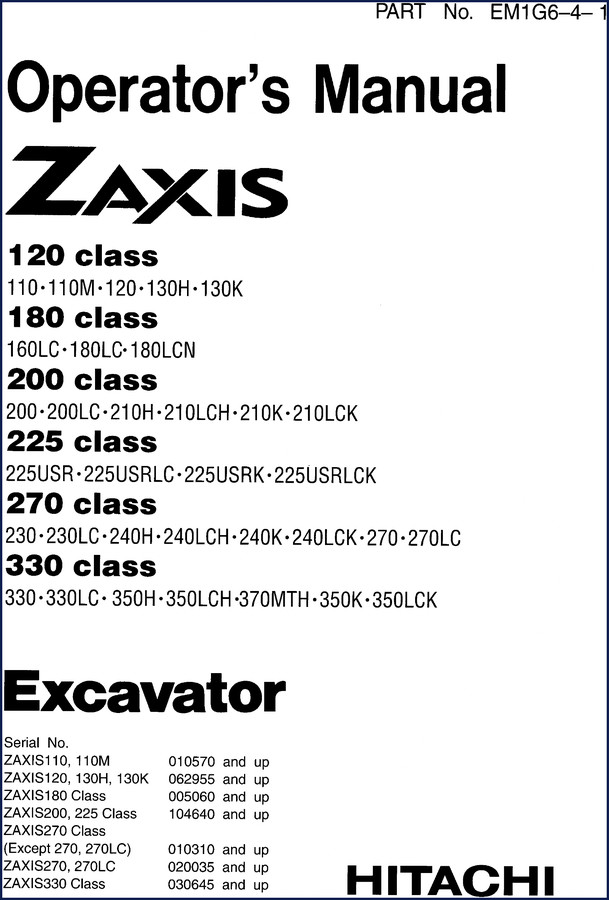 Fiat-hitachi ZAXIS110 ZAXIS120 ZAXIS130H ZAXIS130K ZAXIS180 Operators Manual cover