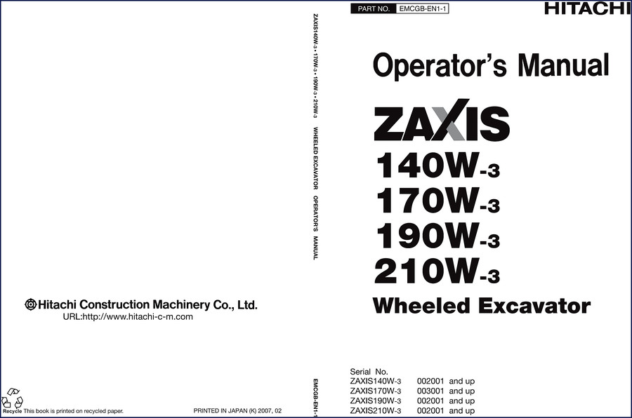Hitachi Sumitomo ZAXIS210W-3 ZAXIS170W-3 ZAXIS190W-3 ZAXIS140W-3 2007 Operators Manual cover