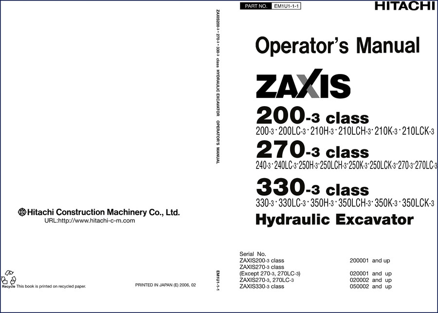 2006 Fiat-hitachi 200LC-3 210H-3 210LCH-3 210K-3 ZAXIS200-3 Operators Manual cover page