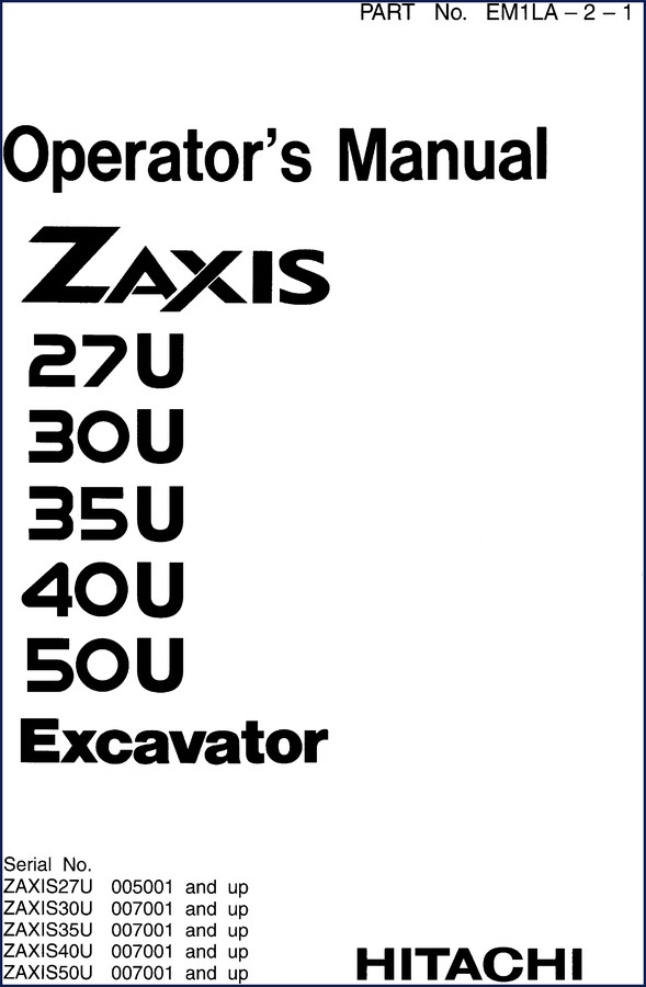 Fiat-hitachi ZAXIS27U to ZAXIS50U 2003 Operators Manual cover