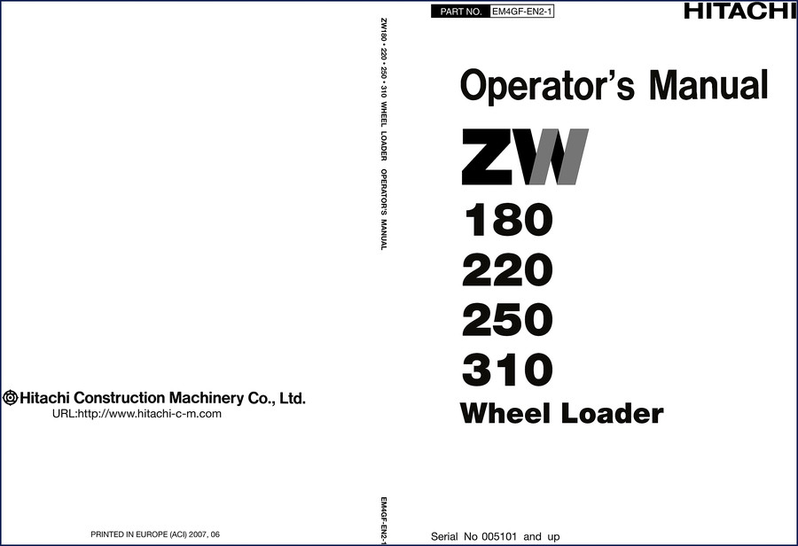 Fiat-hitachi ZW180, ZW220, ZW250, ZW310 2007 Operators Manual cover