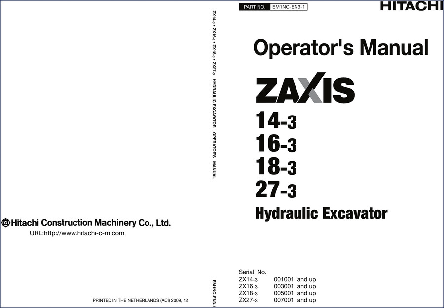 2009 Fiat-hitachi ZX14-3 Operators Manual cover showing hydraulic excavator