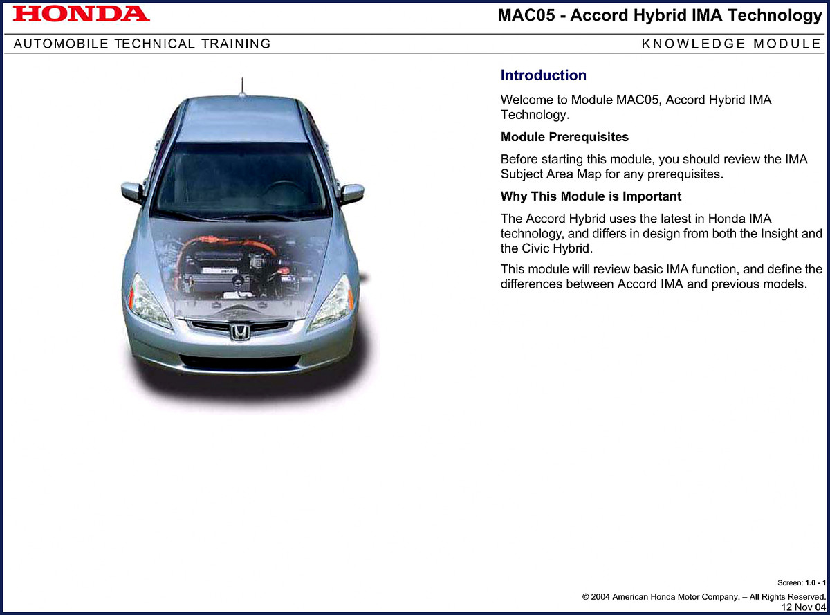 Honda Accord Hybrid 2004 IMA Training Manual cover page