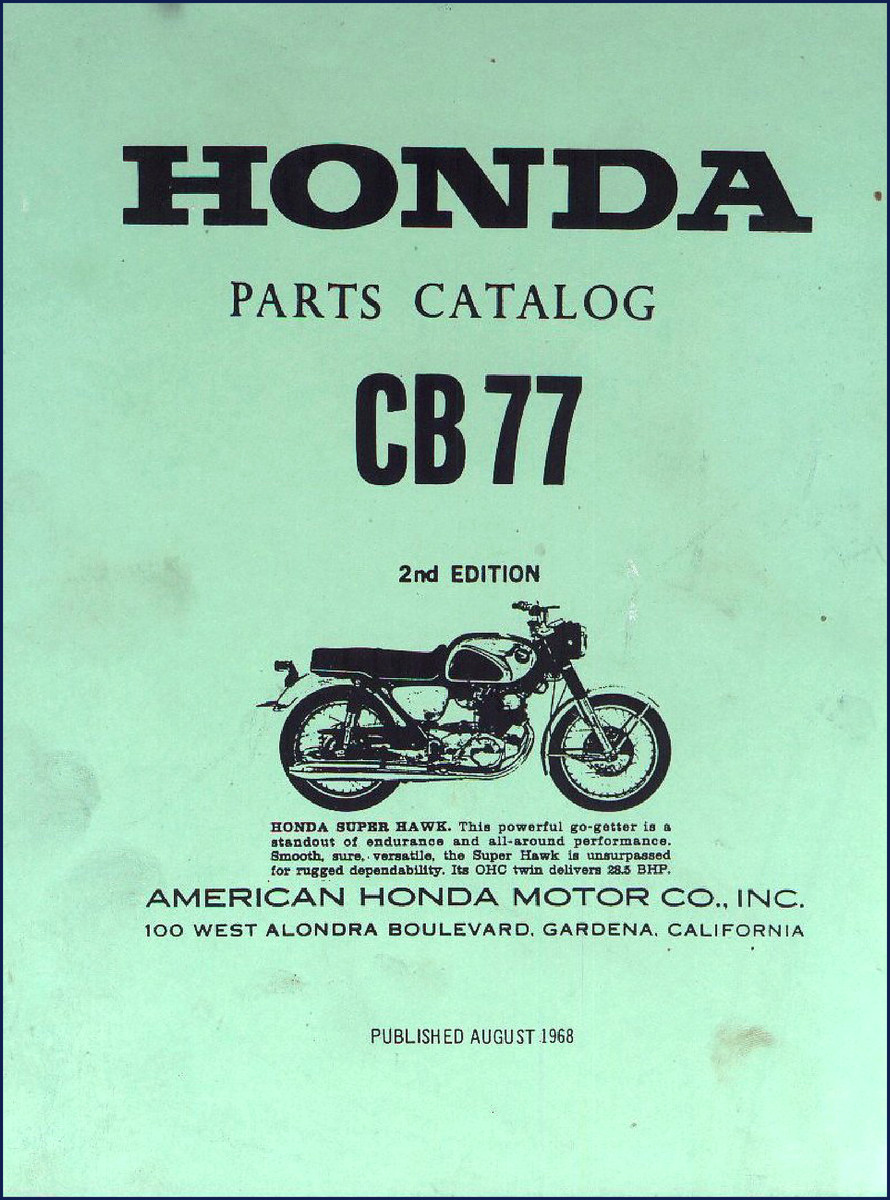 1968 Honda CB 77 Parts Catalog cover page showing Super Hawk illustration