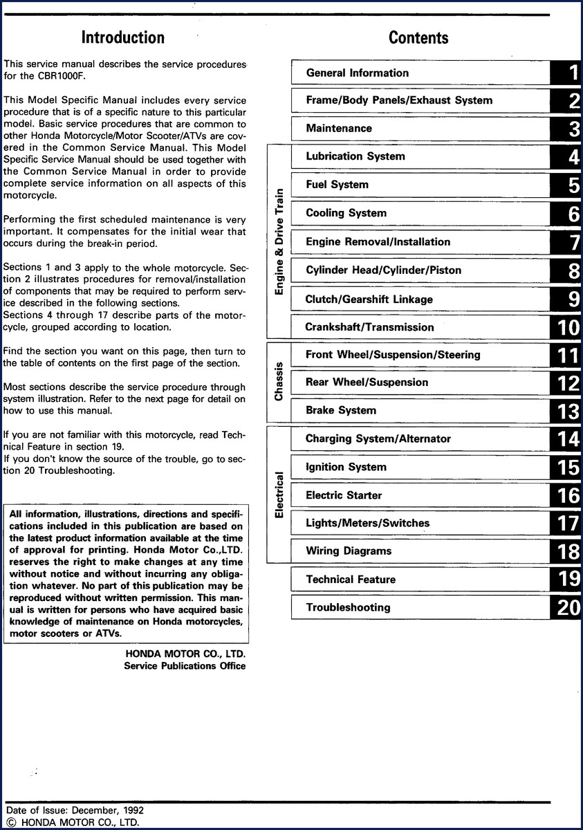 1992 Honda CBR1000F Service Manual cover page