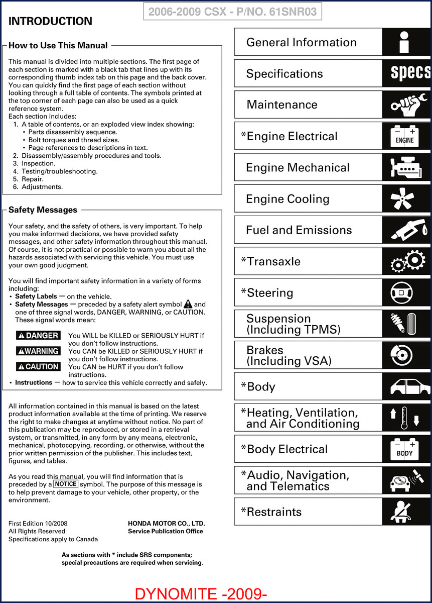 2008 Honda CSX Service manual cover showing vehicle and title