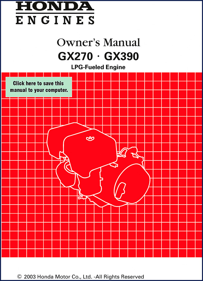 Honda GX270 GX390 2003 User Manual cover showing engine and safety labels