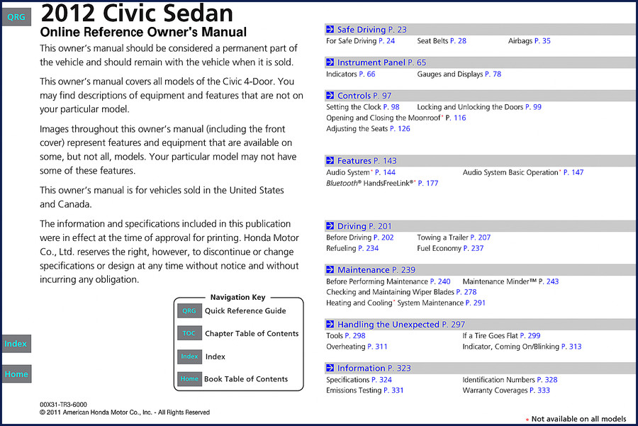 Honda Motor Civic 2011 User Manual – OEM factory owner's manual cover