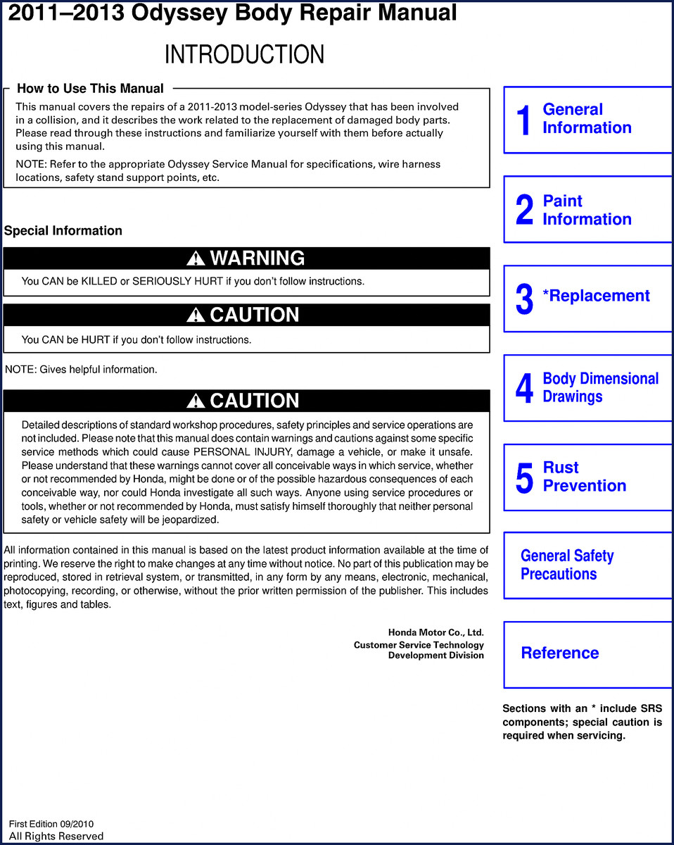 Honda Odyssey 2010 Repair Manual – factory body repair cover showing vehicle dimensions