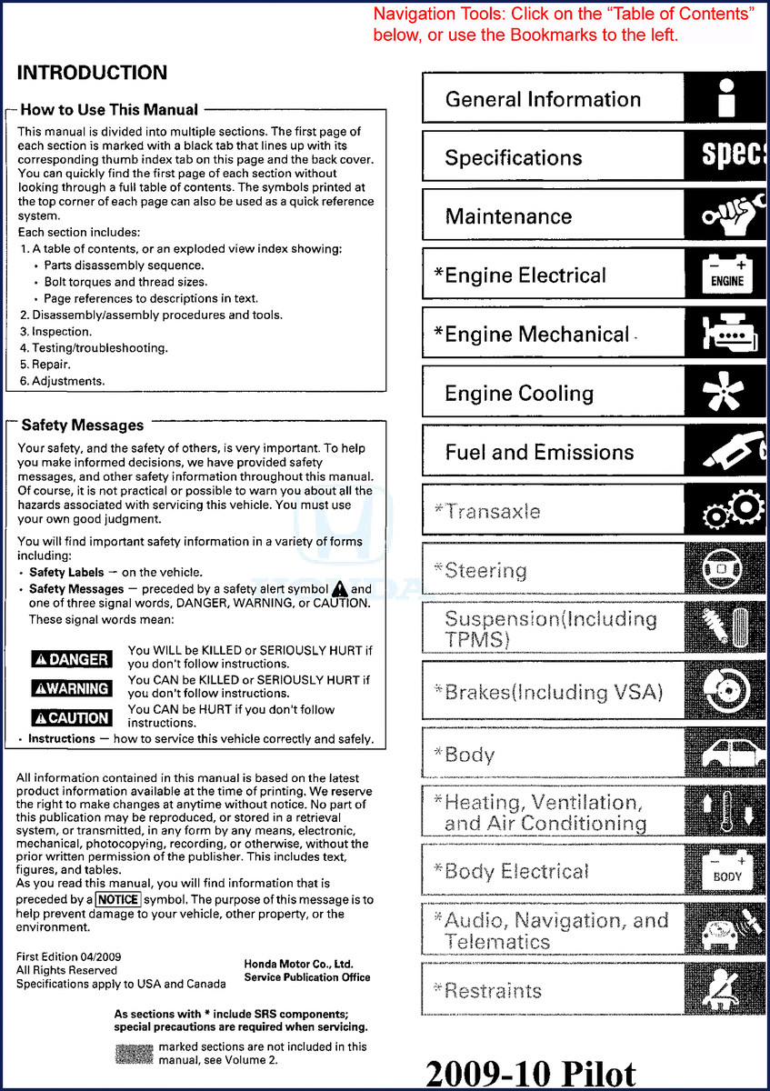 Cover of Honda Pilot 2009 Service Manual showing vehicle silhouette and Honda logo