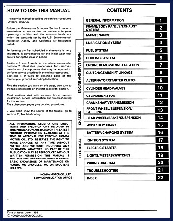 1998 Honda VT600C Shadow Service Manual cover showing OEM factory documentation