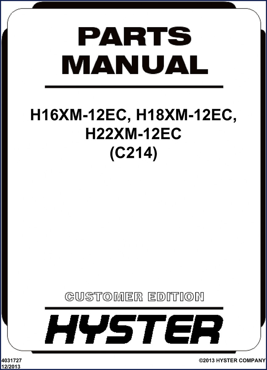 Hyster H16XM-12EC 2013 Parts Catalog cover showing H16XM-12EC model designation and factory part number 4031727