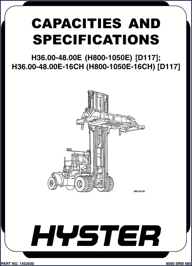 Hyster H36.00-48.00E 2002 Technical Manual cover showing capacities and specifications