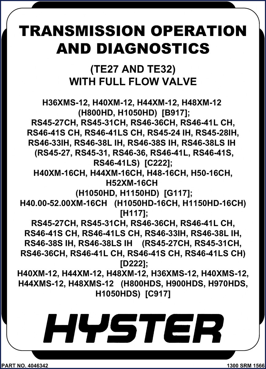 Hyster H36XMS-12 service manual cover showing transmission operation and diagnostics