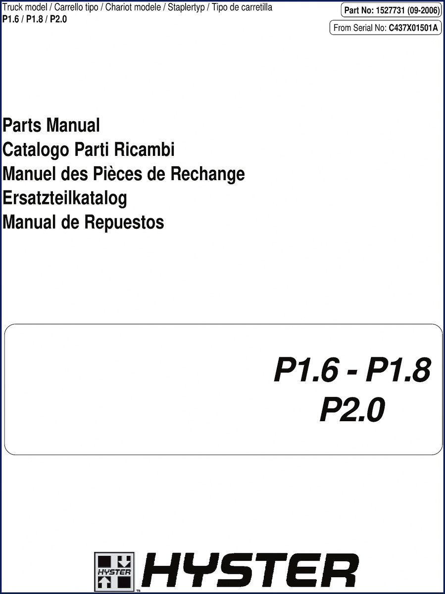 Hyster P1.6 P1.8 P2.0 2006 Parts Catalog factory manual cover