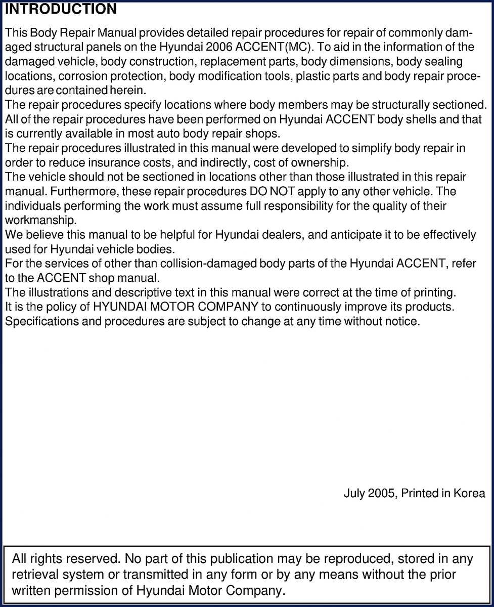 2005 Hyundai ACCENT Body Repair Manual - factory procedures