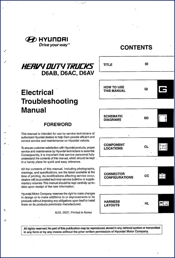 Hyundai D6AB D6AC D6AV 2007 troubleshooting manual cover showing heavy-duty truck schematic