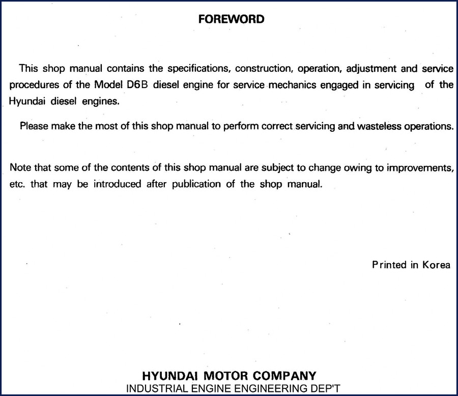Hyundai D6B diesel engine service manual cover showing engine cutaway and model designation