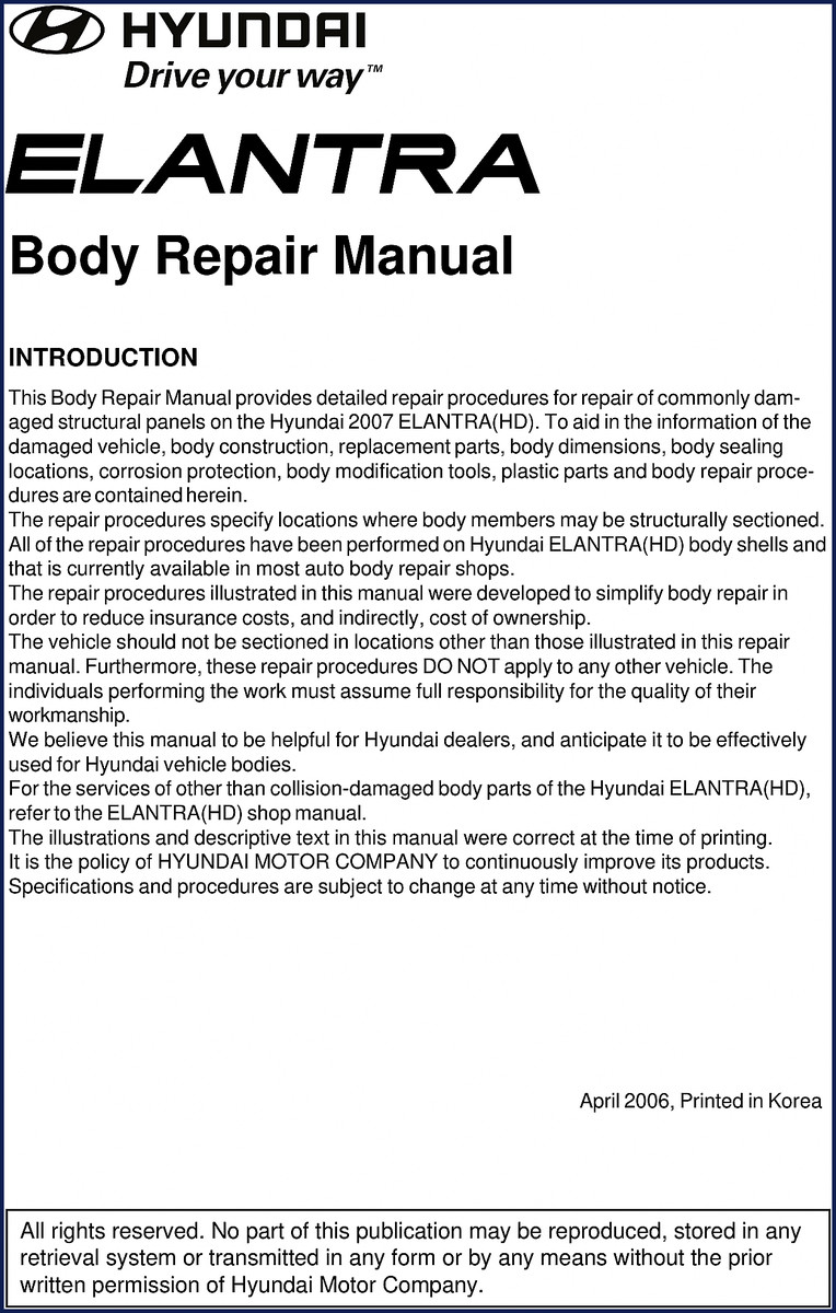 Hyundai ELANTRA 2006 Repair Manual – Factory Body Specs 2 2006 Hyundai ELANTRA Body Repair Manual cover – factory OEM documentation