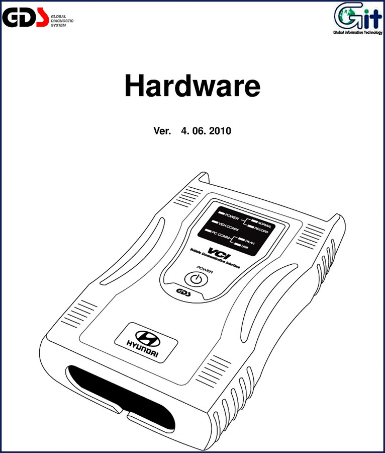 Hyundai GDS VCI 2010 User Manual cover showing hardware modules and VCI interface