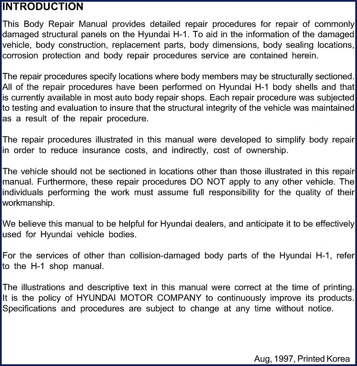 Hyundai H-1 1997 Body Repair Manual – Factory OEM document cover