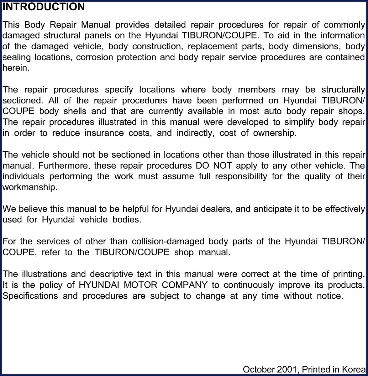 Hyundai TIBURON COUPE 2001 Body Repair Manual cover page