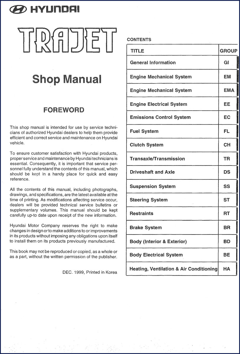 Hyundai Trajet 1999 Service Manual cover – OEM factory shop manual 997 pages