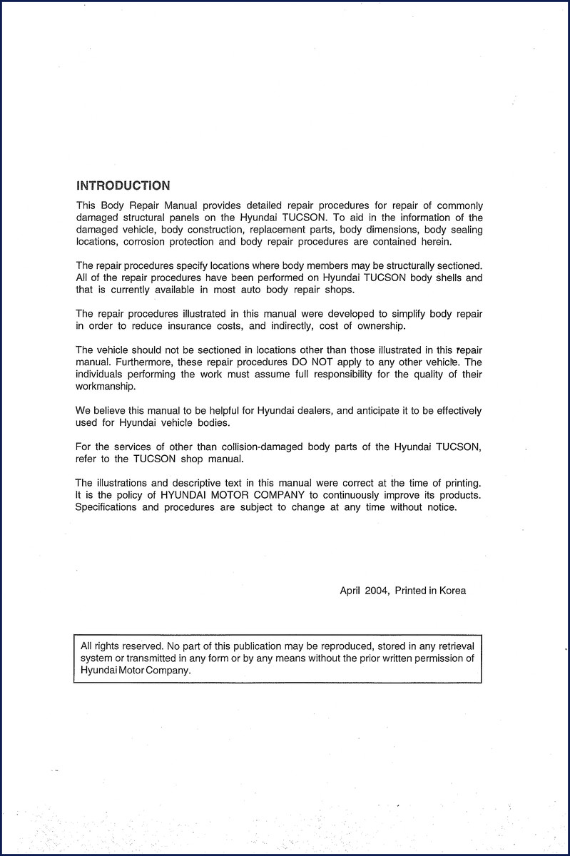 2004 Hyundai TUCSON body repair manual cover – OEM factory document