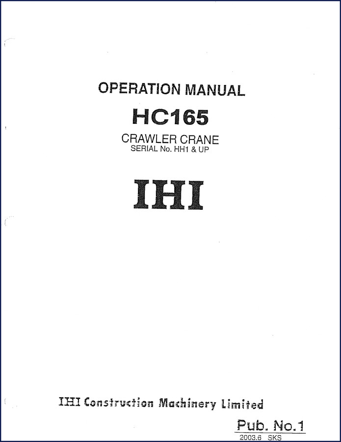 Ihimer HC165 2003 Operators Manual cover page showing crawler crane and IHI logo