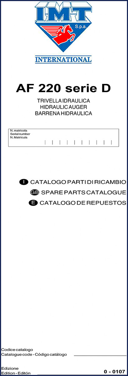 IMT AF 220 Parts Catalog cover showing hydraulic auger and serial number field