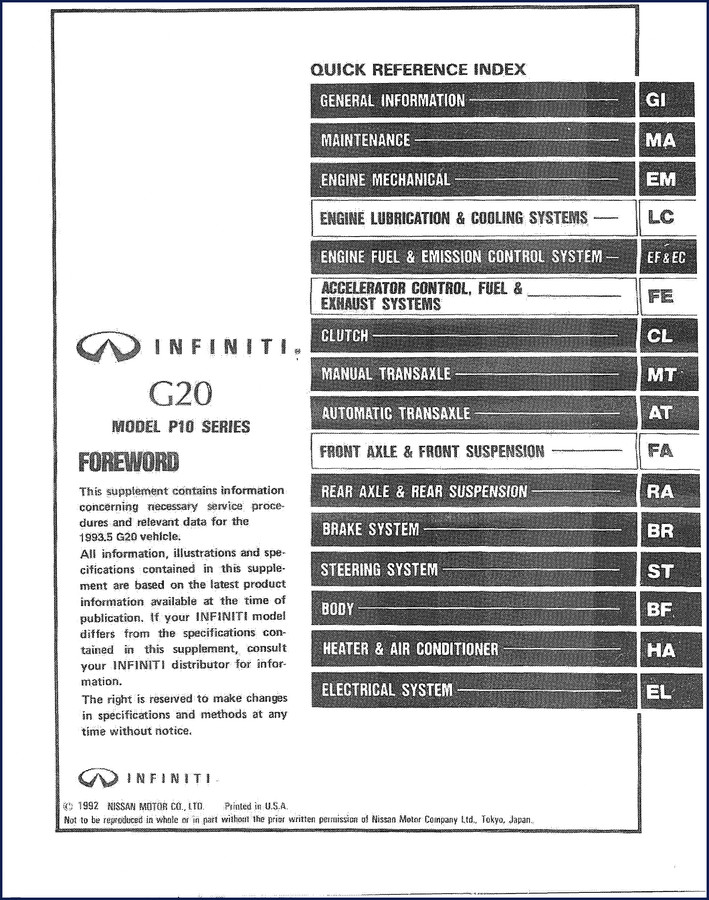 Infiniti G20 1991 Service Manual cover page showing the official Nissan factory manual