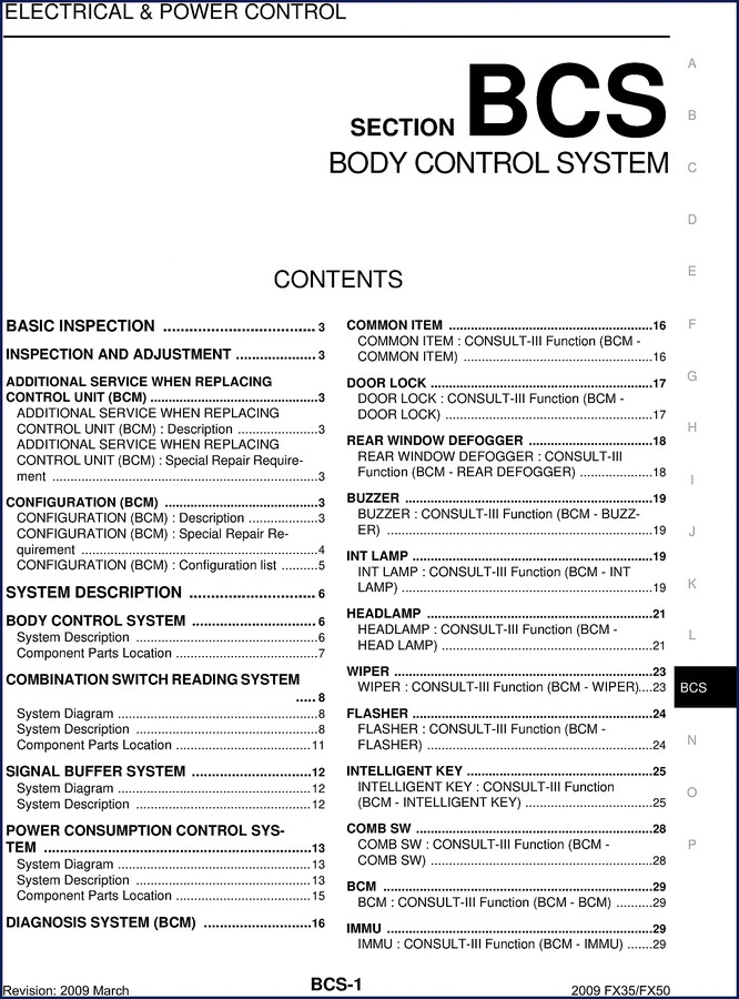 2009 Infinity FX35 FX50 Technical Manual - Body Control System - Factory OEM Document