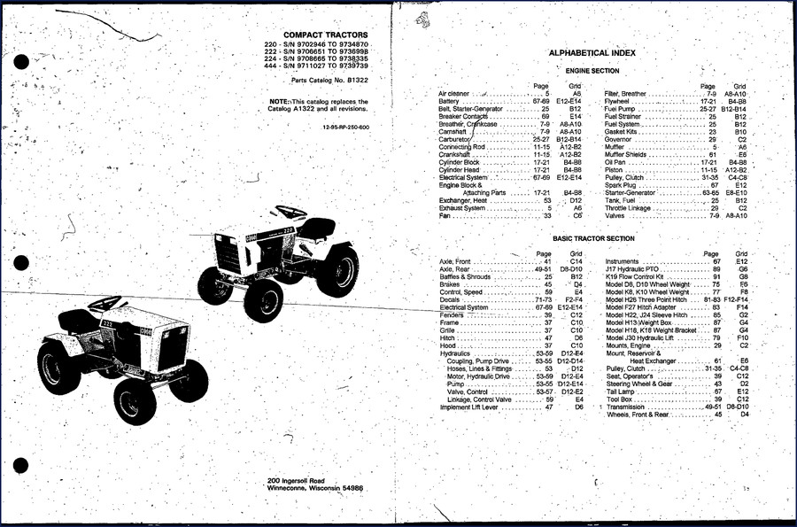 Ingersoll Rand 444 compact tractor parts catalog cover 1995 OEM factory manual