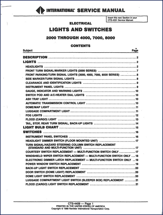 1989 International 2000-8000 series electrical service manual cover showing lights and switches diagram