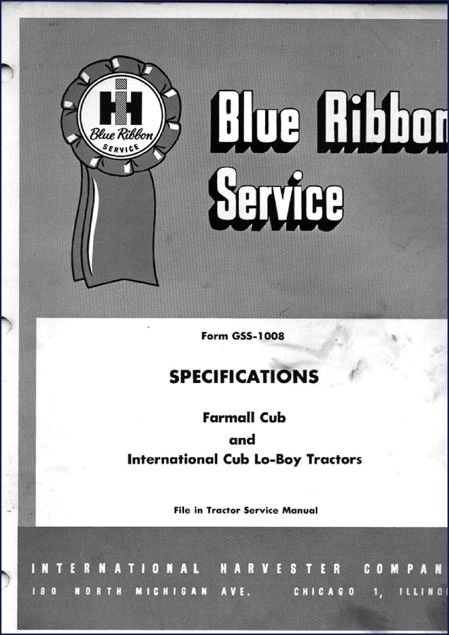International Harvester Farmall Cub and International Cub Lo-Boy technical manual cover – Blue Ribbon Service Specifications