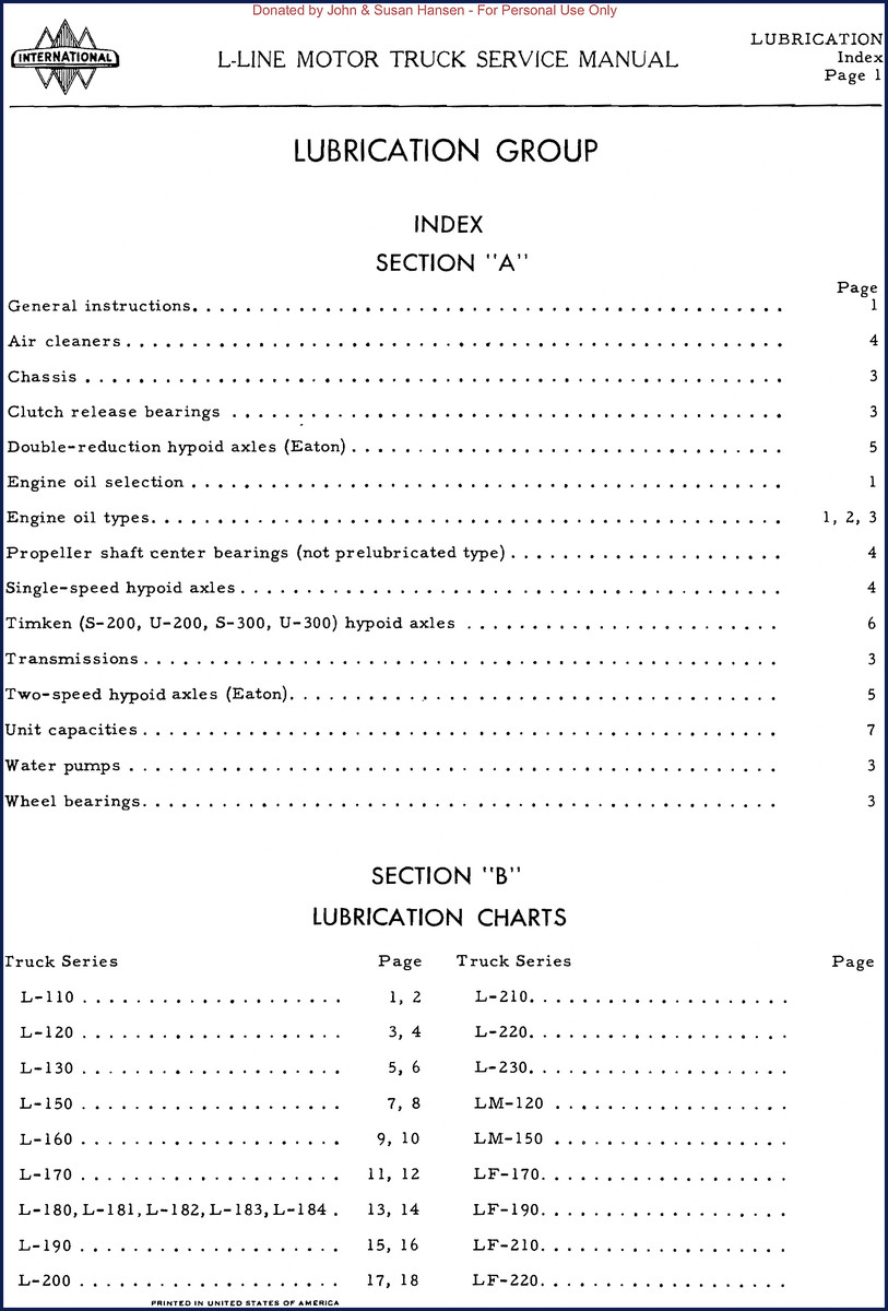 International Harvester L-Line Motor Truck Service Manual – 32 pages covering L-110, L-120, L-130, L-150, L-160 lubrication and service