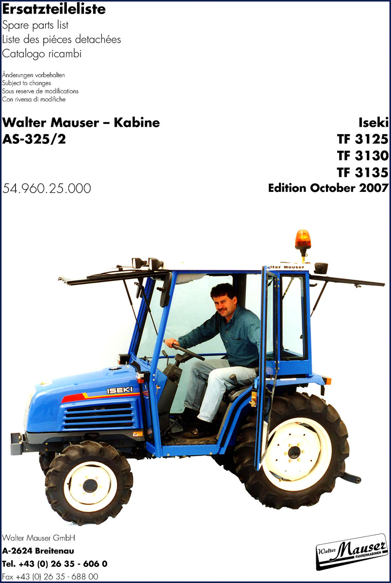 Iseki TF 3125, TF 3130, TF 3135 2007 Parts Catalog – factory glass and frame diagrams