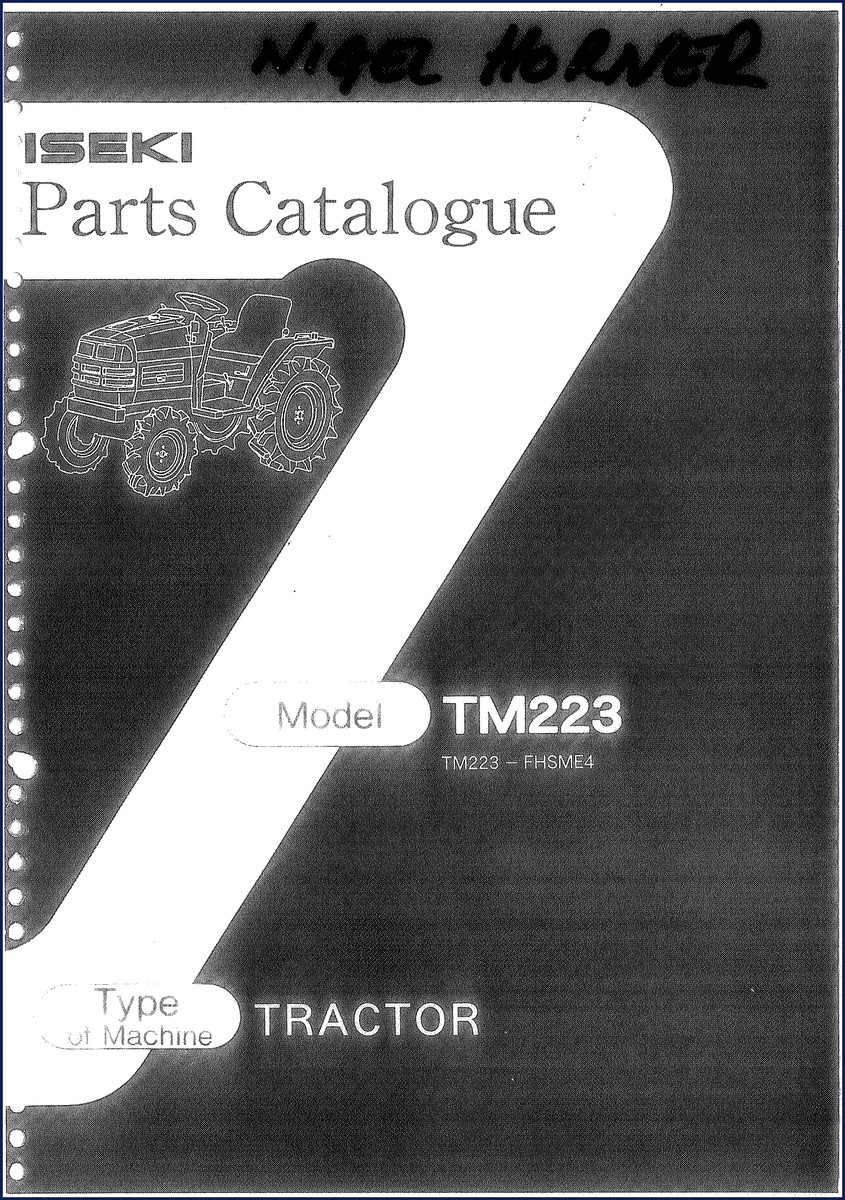 Iseki TM223 Parts Catalog cover page showing tractor model and OEM documentation