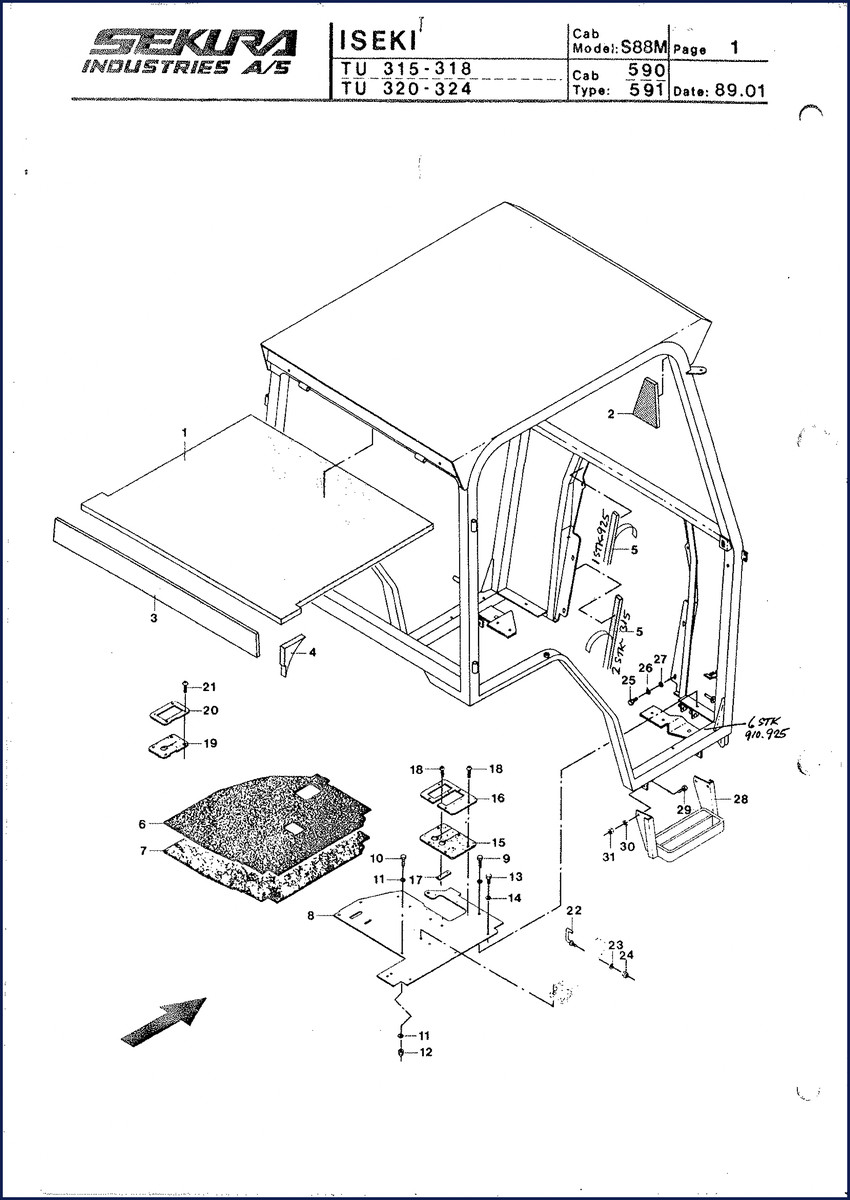 1989 Iseki TU 315-324 Parts Catalog cover - OEM cab parts diagram